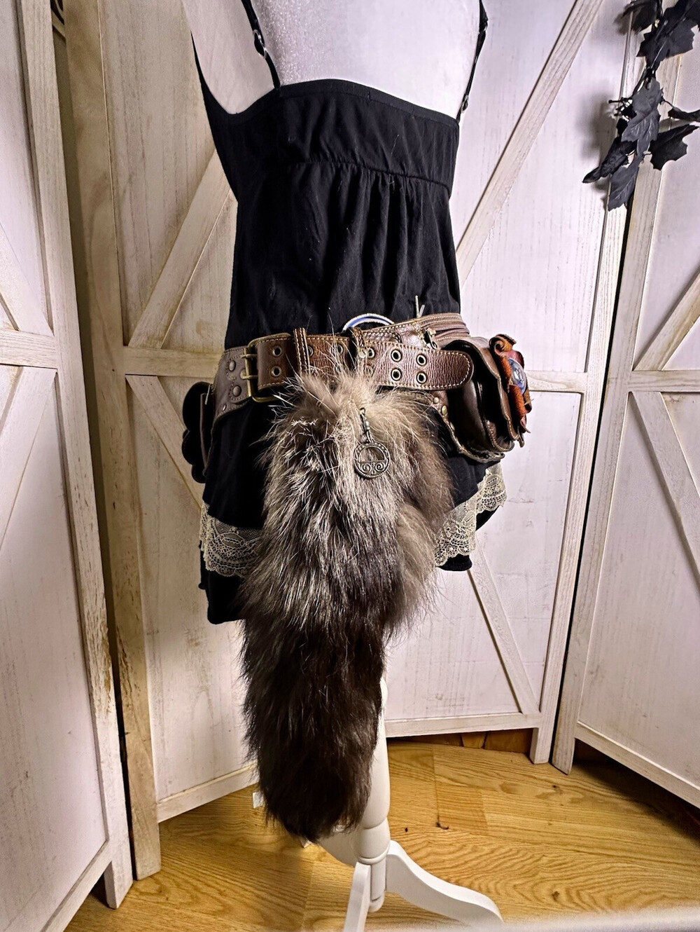 Gray Black fox tail real Fur charm leather Accessory therian pagan furrie fairy